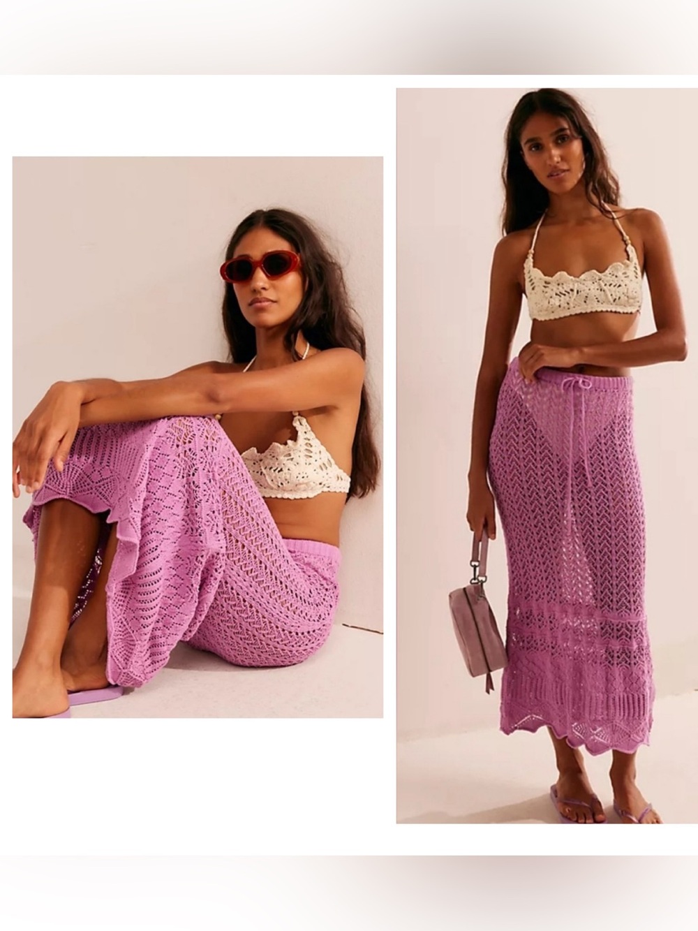Free People Beach Colonna crochet open knit maxi skirt cover up beachy pink M